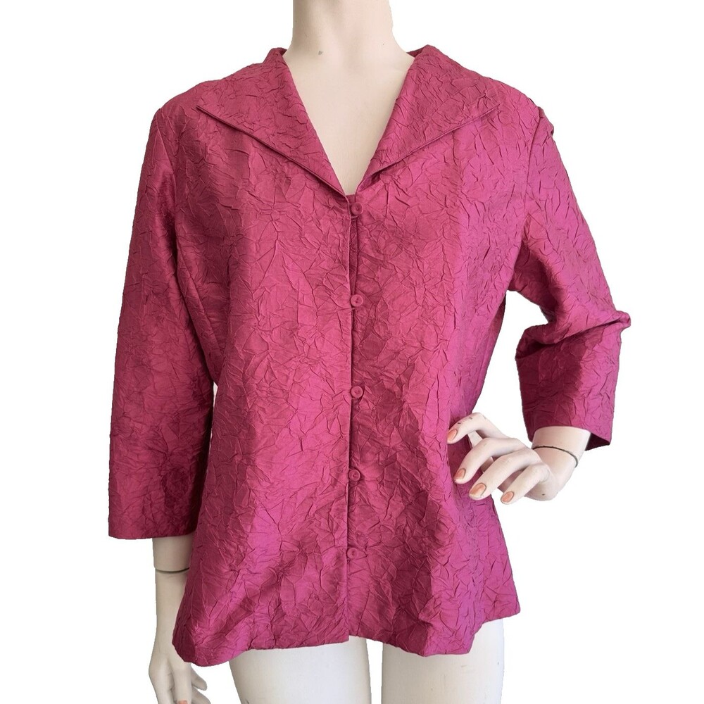 EILEEN FISHER Jacket Blouse Pink 100% Silk Textured Button Front 3/4 Sleeve L